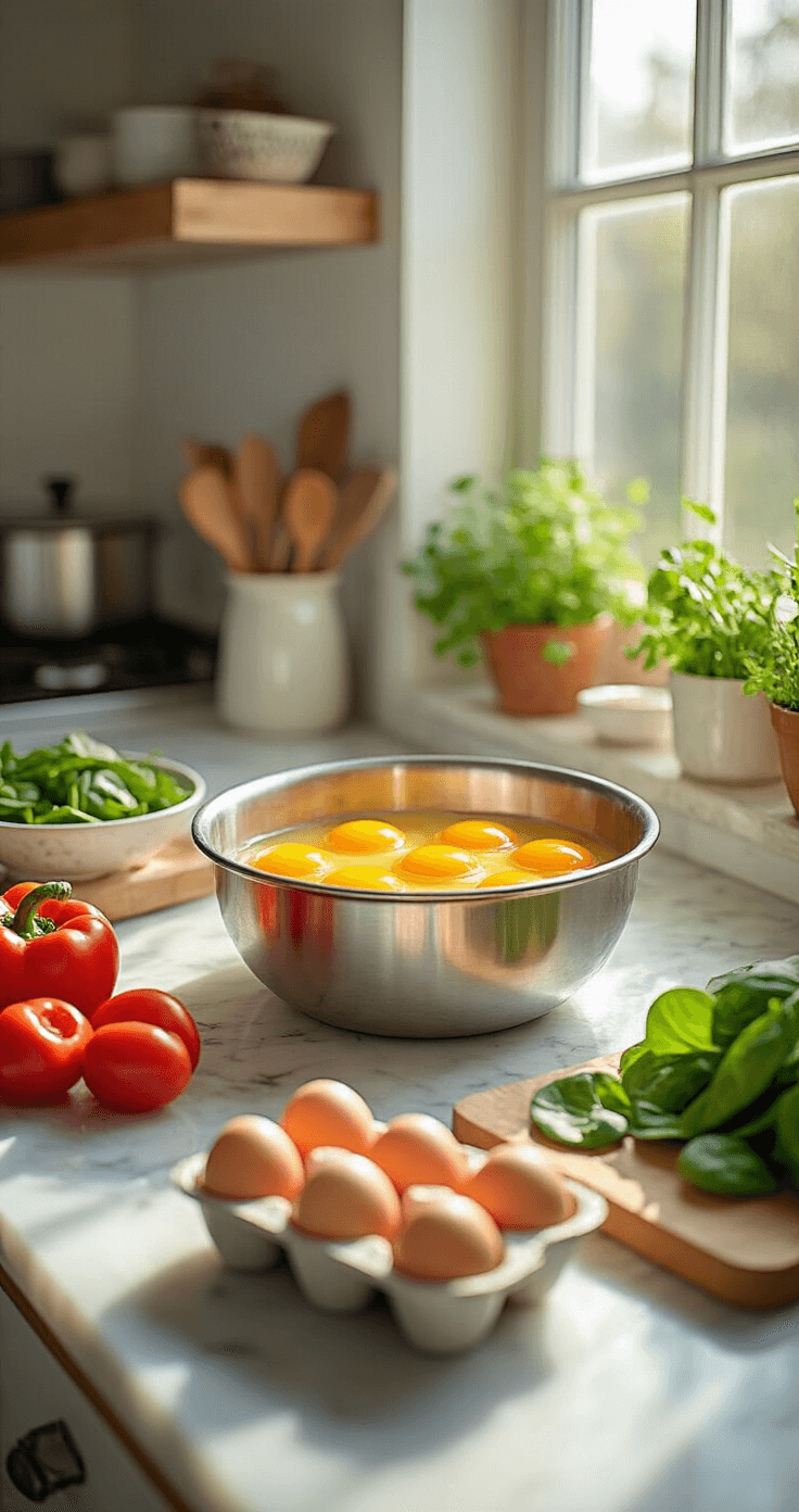 Een moderne keuken met een marmeren aanrecht, een mengkom met vers geklopte eieren omringd door paprika, spinazie en ui, en een vintage muffinvorm.