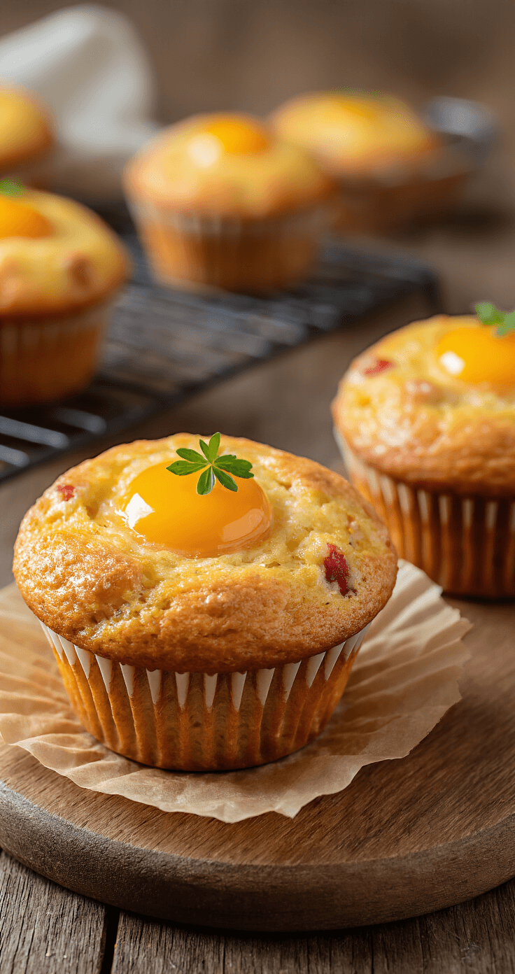Close-up van een rustieke houten tafel met een muffinvorm vol goudbruin gebakken ei-muffins, stoom die opstijgt, kleine stukjes rode paprika en groene kruiden zichtbaar, onder warm namiddaglicht.