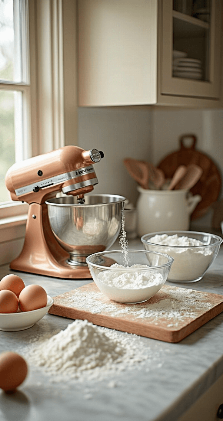 Een rustieke Nederlandse keuken met zonlicht, waar glanzende koperen kommen en een vintage mixer op een marmeren aanrecht staan. Een vers gescheiden ei laat eiwitten in een glazen kom vallen, omringd door suiker in porseleinen schaaltjes.