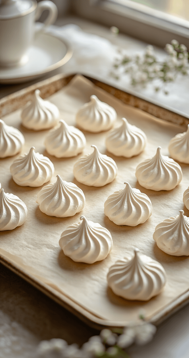 Een compositie van ivoorwitte meringues met een glanzend oppervlak op een antieke bakplaat, omringd door bakpapier, met subtiele stoom en gouden namiddaglicht.