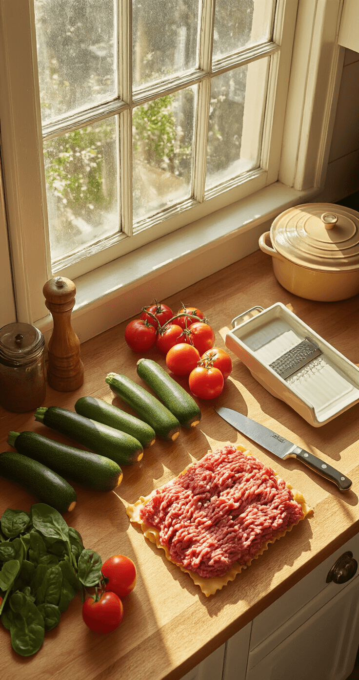 Koolhydraatarme Lasagne: Heerlijke Low-Carb Ovenschotel met Courgette Cinematisch bovenaanzicht van een rustieke houten keuken met natuurlijke zonlicht. Vers ingediende ingrediënten zoals courgettes, tomaten, spinazieblaadjes en premium gehakt, met een professionele koksmes en een mandoline slicer in de nabijheid. Een klassieke keramische ovenschaal staat op de achtergrond.
