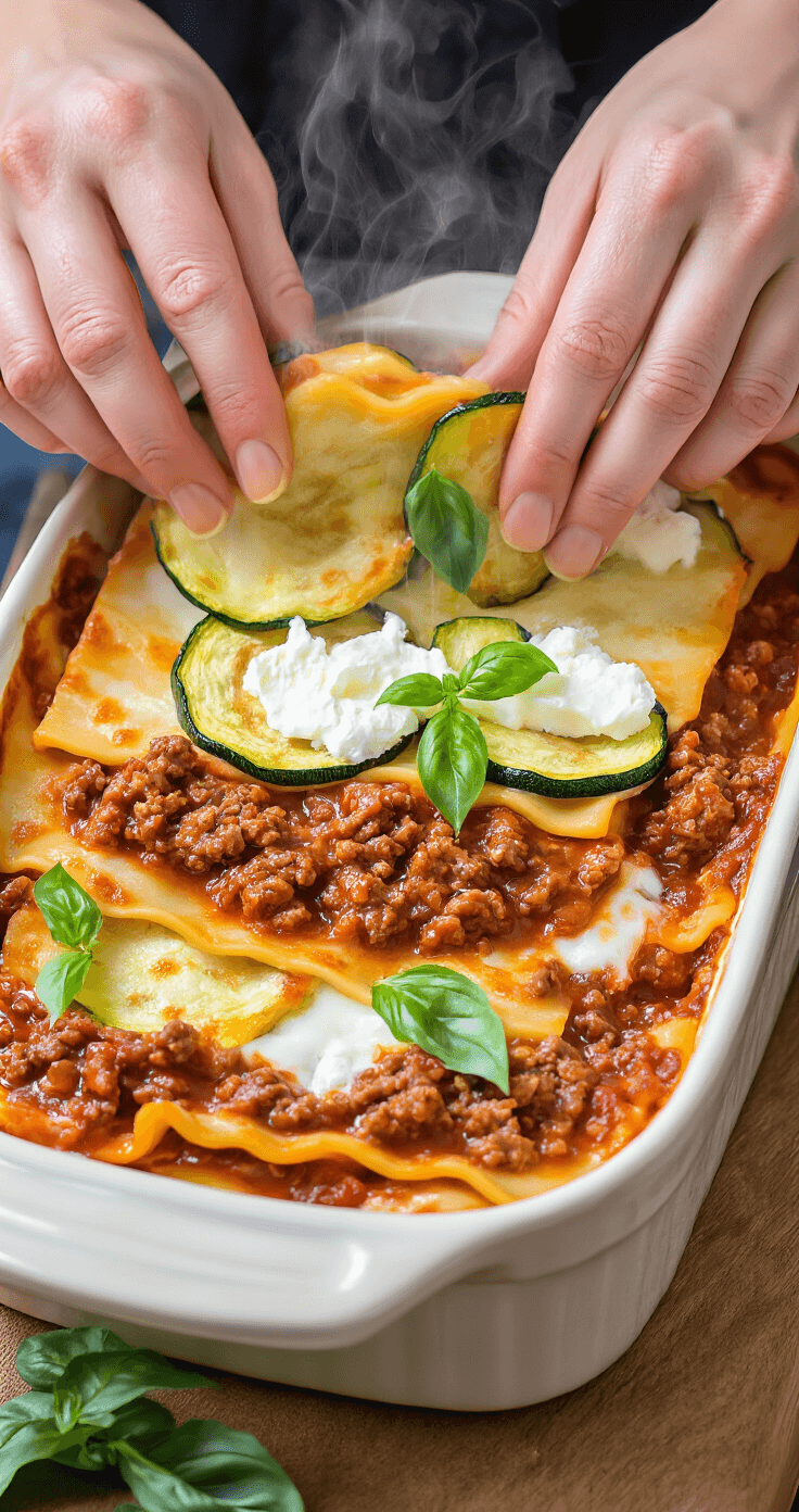 Koolhydraatarme Lasagne: Heerlijke Low-Carb Ovenschotel met Courgette Close-up van handen die zorgvuldig koolhydraatarme lasagne laag voor laag opbouwen in een diepe keramieken ovenschaal, met goudrandcourgettescheuten bovenop een rijke, gevaarlijke vleessaus. Stoom stijgt op terwijl ricotta en mozzarella subtiel worden verdeeld, met frisse basilicumtakjes voor een kleurrijk accent.