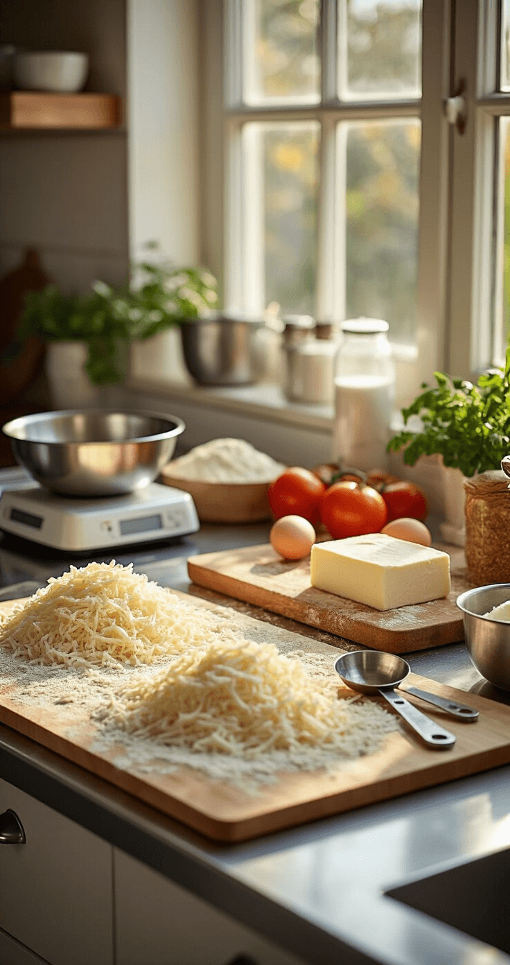 Koolhydraatarme Pizza: Hét Ultieme Low Carb Dinergenieten Een professionele keuken in warm natuurlijk licht, met rvs aanrecht en zorgvuldig georganiseerde ingrediënten voor een keto pizza: vers geraspte mozzarella, amandelmeel, verse eieren en roomkaas, evenals een moderne keukenweegschaal en maatlepels.