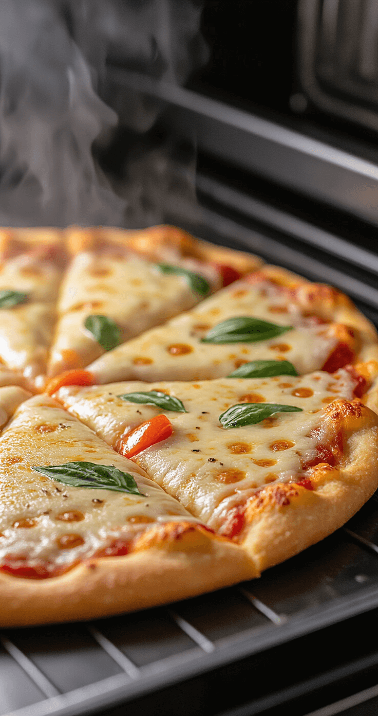 Koolhydraatarme Pizza: Hét Ultieme Low Carb Dinergenieten Close-up van een goudbruine keto pizza die uit een moderne convectieoven komt, met stoom die zichtbaar omhoogkomt. De fathead korst is perfect krokant met bubbels aan de randen, bedekt met gesmolten kaas en kleurrijke koolhydraatarme toppings. Dramatisch zijlicht benadrukt de textuur en diepte van de perfect gebakken korst.