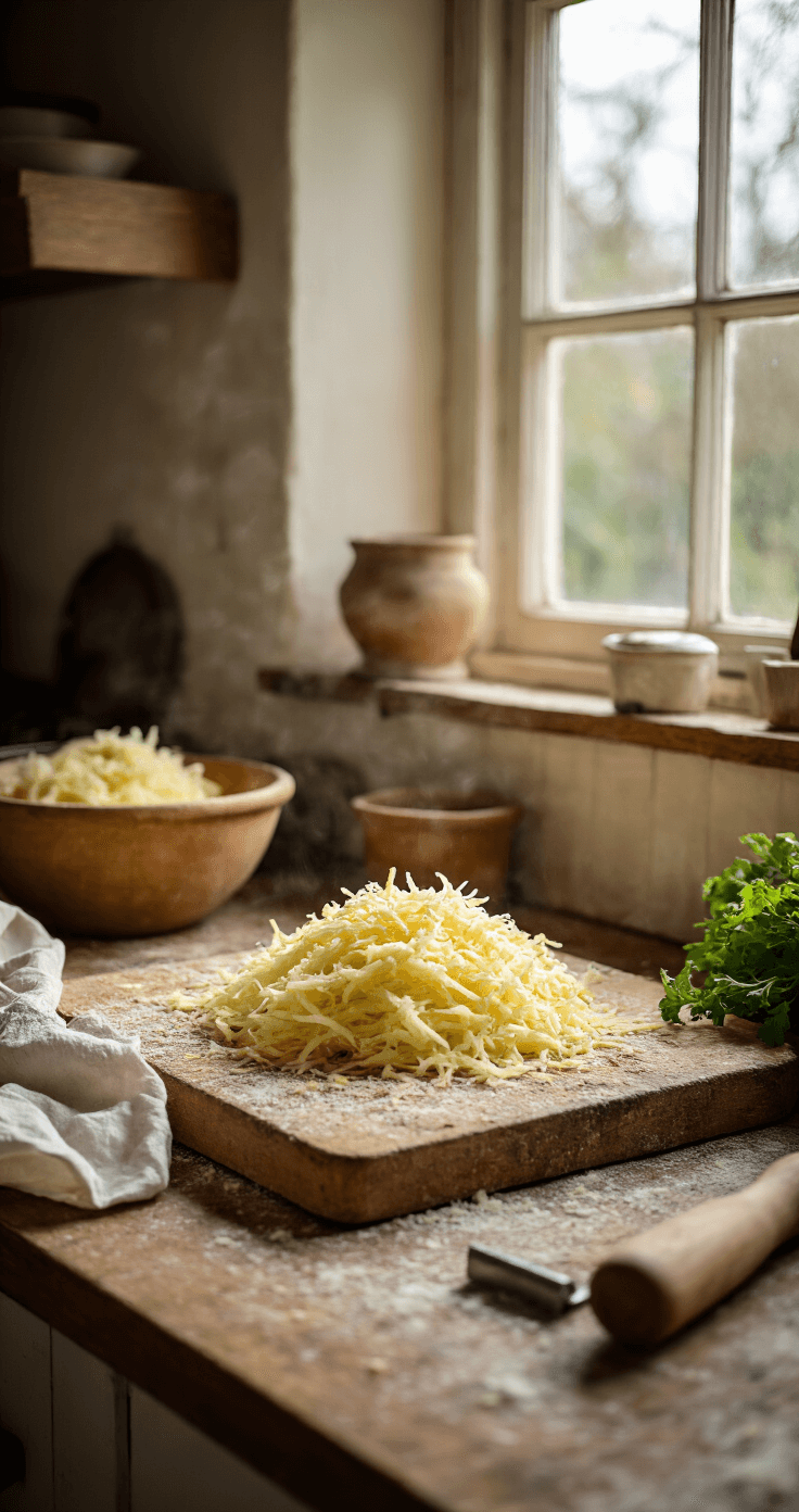 Koolhydraatarme Rösti: Een Heerlijke Low-Carb Twist op het Klassieke Recept Close-up van geraspte knolselderij en bloemkool op een verweerd houten snijplank in een rustieke Nederlandse keuken, met zacht natuurlijk licht en een vintage rasp ernaast.
