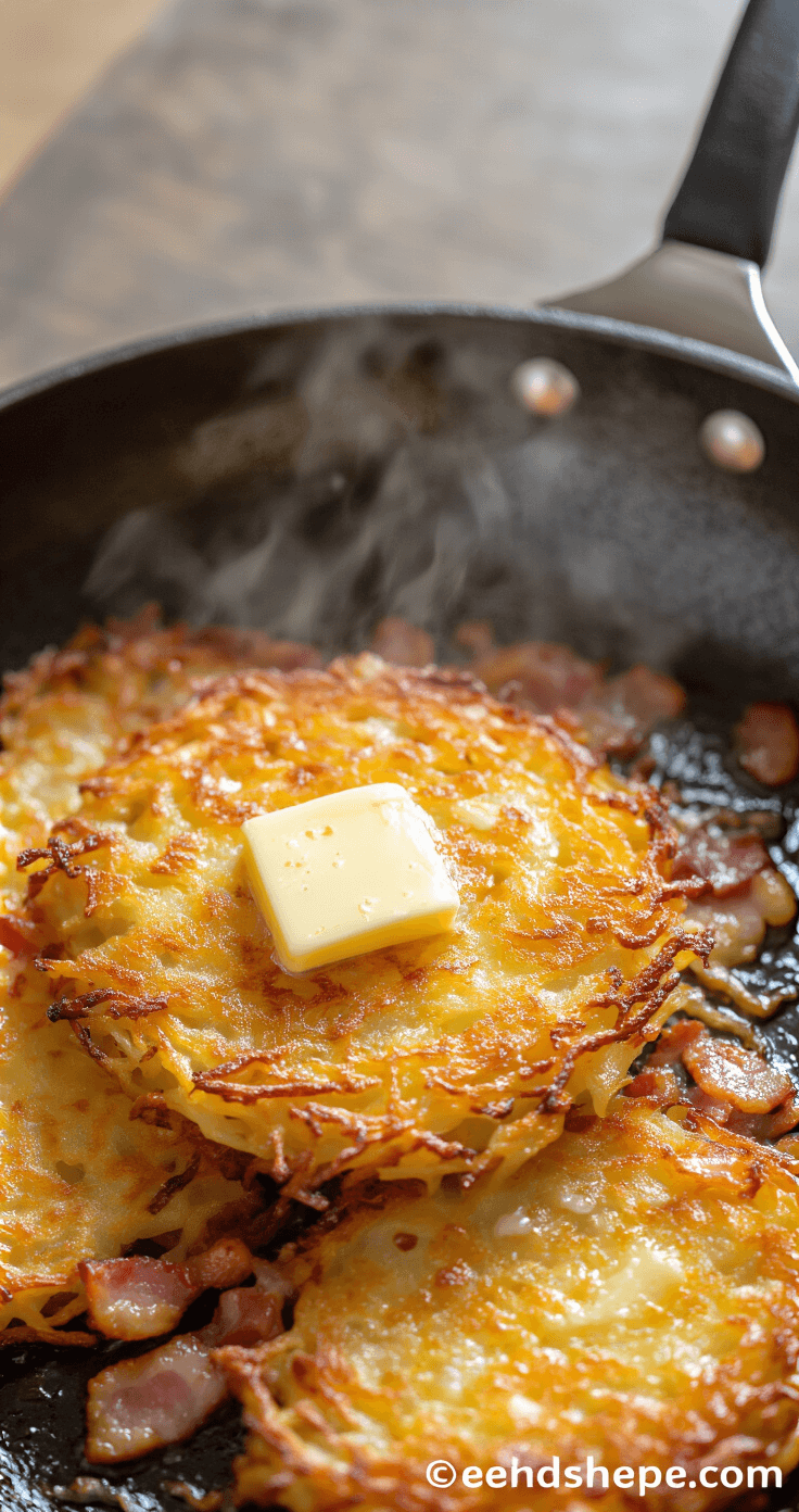 Koolhydraatarme Rösti: Een Heerlijke Low-Carb Twist op het Klassieke Recept Dichtbijopname van gouden rösti in een zwarte gietijzeren pan, met stoom en glinsterende boter, omgeven door knapperige bacon en gesmolten Parmezaanse kaas.