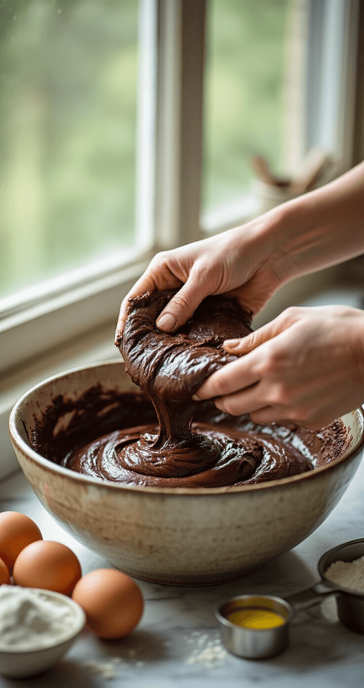 Close-up van handen die rijke chocoladetaartmix vouwen in een rustieke aardewerken kom, met natuurlijk licht dat door een keukenraam stroomt en de donkerbruine cacaomassa verlicht, omringd door artistiek verspreide ingrediënten zoals eieren, bloem en meetgerei op een marmeren aanrecht.