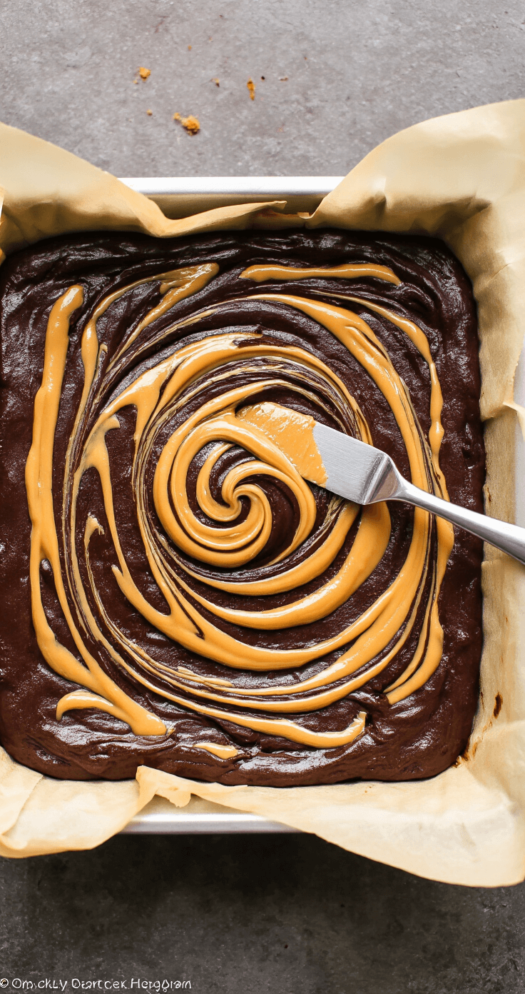 Bovenaanzicht van ongekookt brownie-beslag in een met bakpapier beklede vierkante bakvorm, met gouden pinda-boterdollops die een prachtig swirlpatroon vormen tegen het donkere chocoladebeslag. Een zilveren mes in het beslag vangt het omgevingslicht en creëert dramatische schaduwen over het gemarmerde oppervlak.