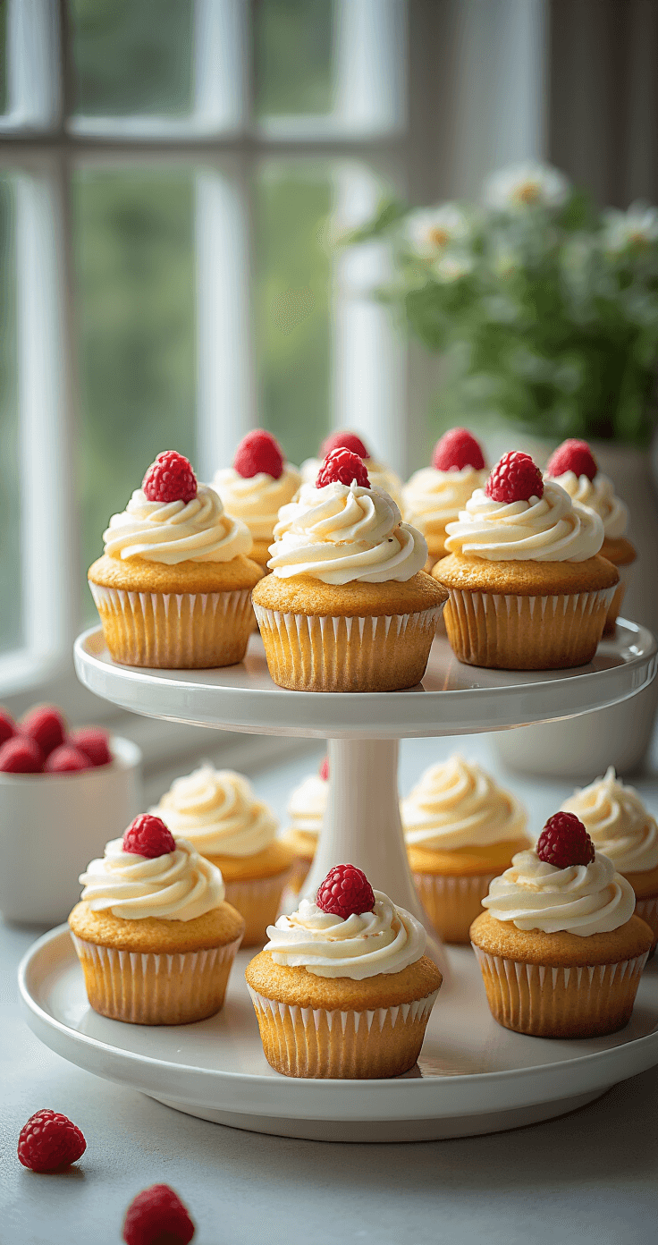 Elegante opstelling van goudbruine cupcakes op een porseleinen etagère, versierd met slagroom en aardbeienstukjes, verlicht door zacht namiddaglicht.