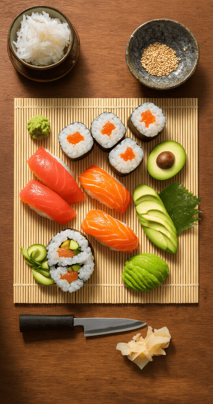 Rustieke houten keukentafel met bamboe sushi matje en ingrediënten zoals bloemkoolrijst, noribladen, zalm, avocado en komkommer, aangevuld met een keramische kom sesamzaadjes en een Japans mes.