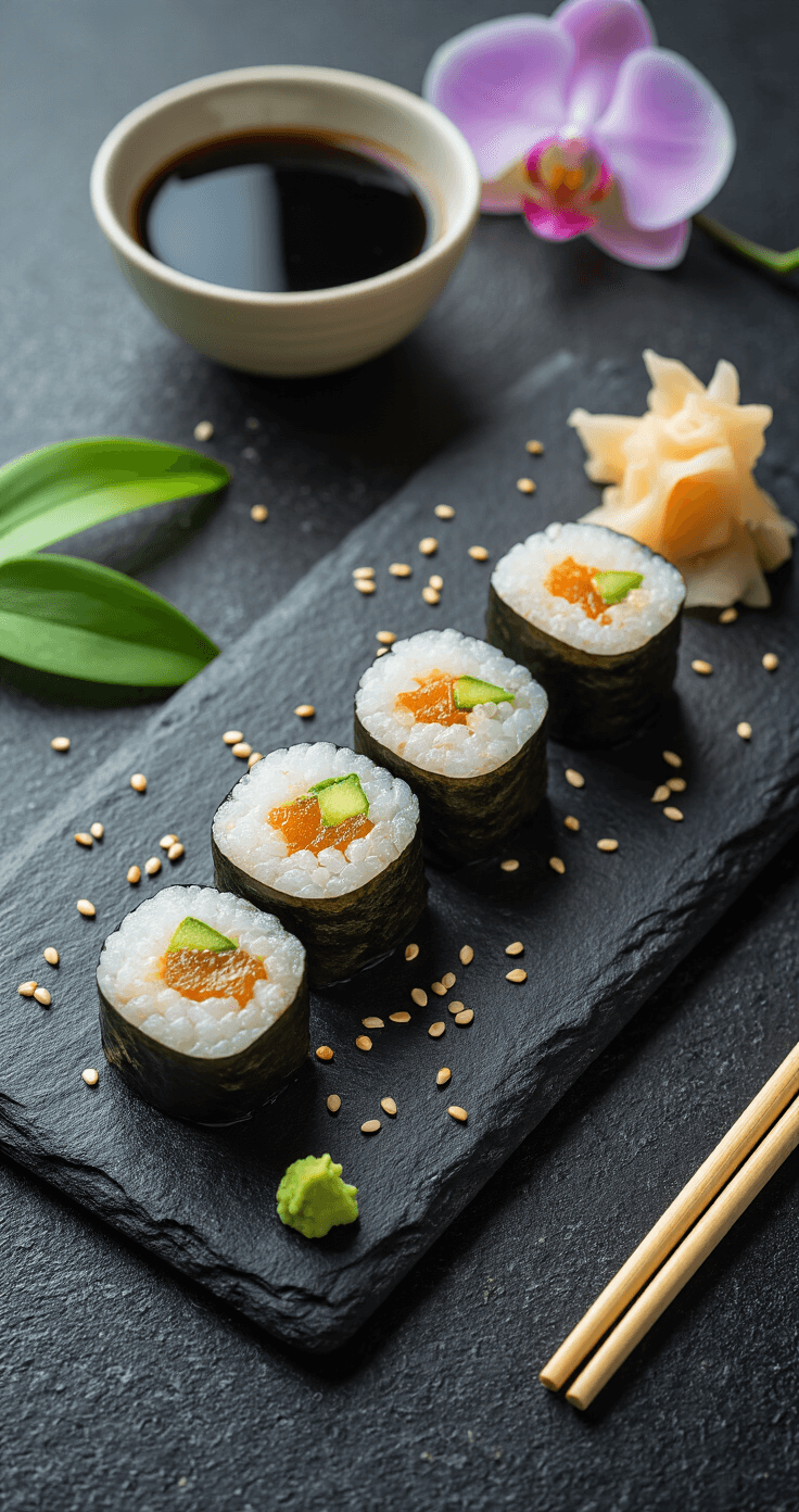 Elegante zwarte leisteen plaat met perfect gesneden koolhydraatarme sushi rolls, versierd met gouden sesamzaadjes, een kom met donkere sojasaus, felgroene wasabi, een verse orchidee en bamboe eetstokjes.