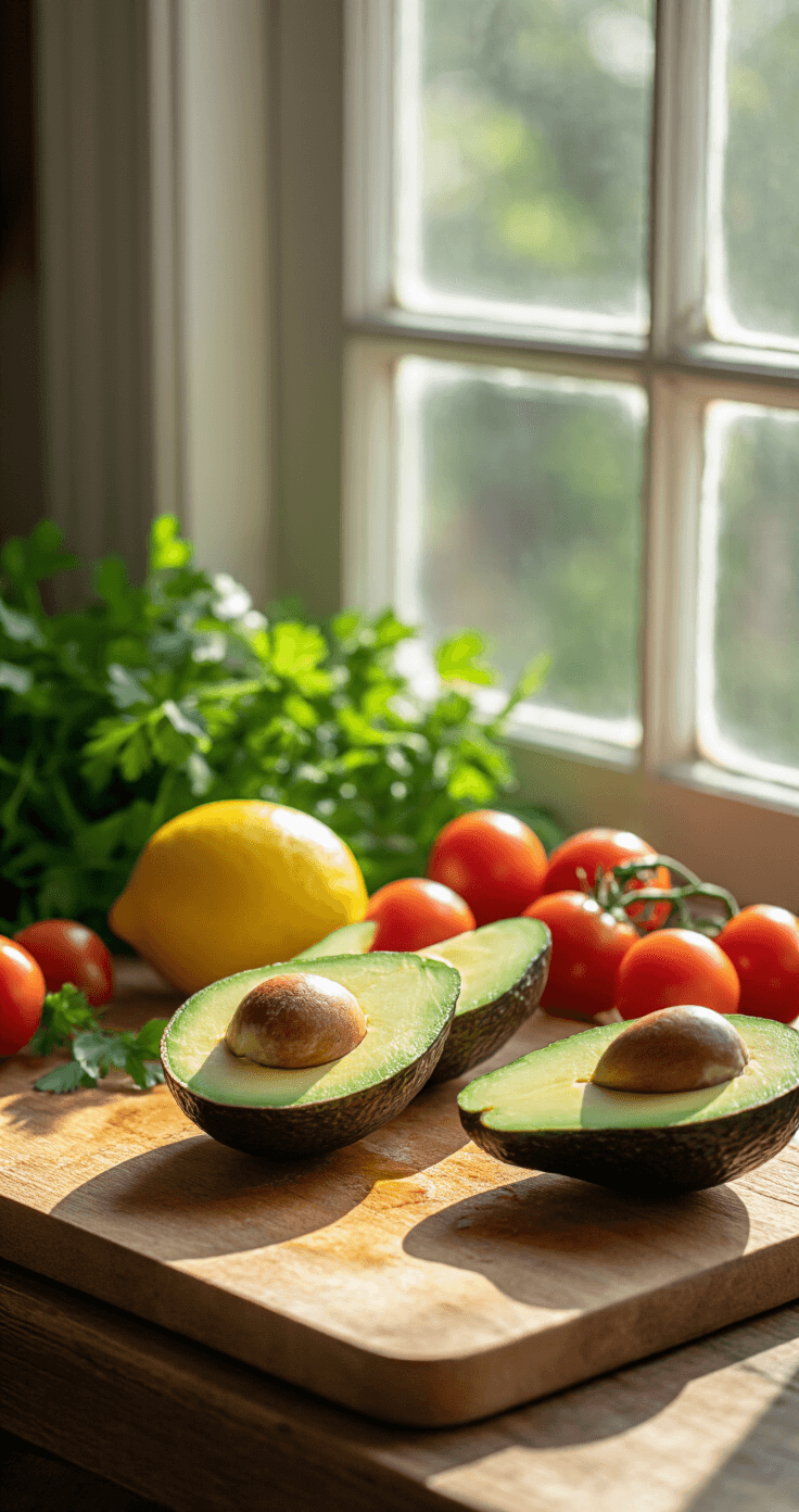 Close-up van een houten snijplank in zacht natuurlijk daglicht, met een perfect rijpe avocado die vaardig wordt gehalveerd, en zijn romige groene vruchtvlees onthult. Vers kruiden, een glanzende citroen en cherrytomaten zijn artistiek gerangschikt in een levendig kleurenpalet tegen de rustieke houten ondergrond.