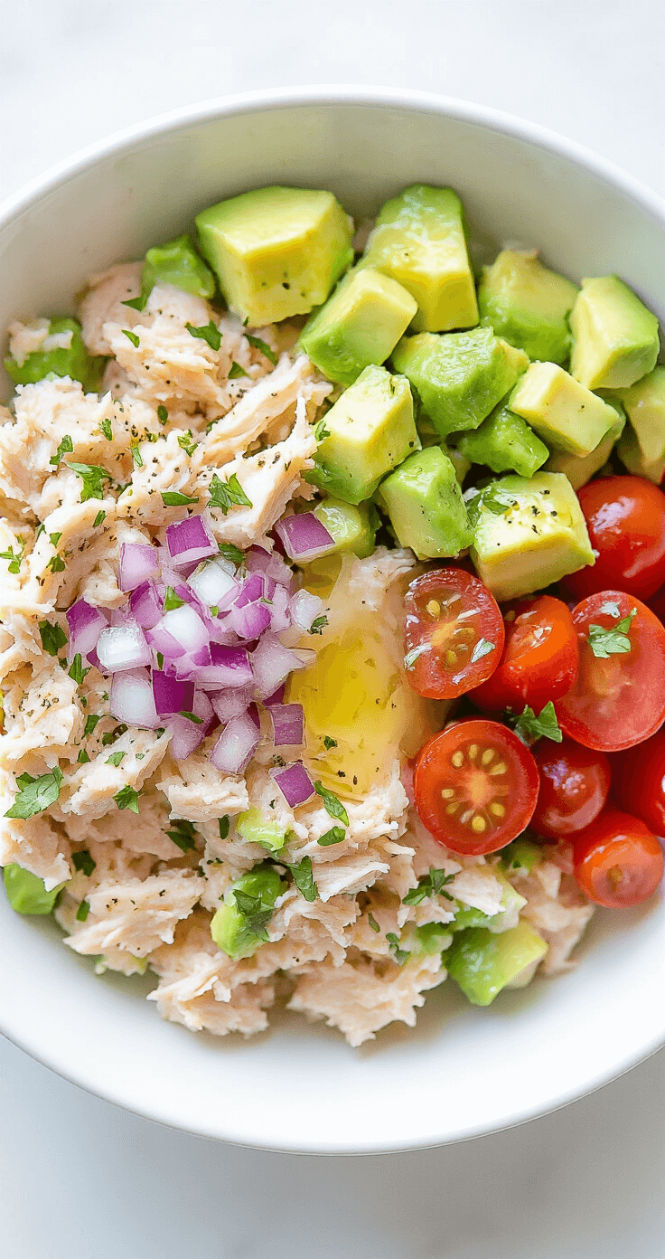 Bovenaanzicht van een witte keramische kom met gemalen tonijn, gemengd met blokjes avocado, fijngesneden rode ui en gehalveerde cherrytomaten, besprenkeld met verse citroensap, verse kruiden en een snufje zwarte peper.