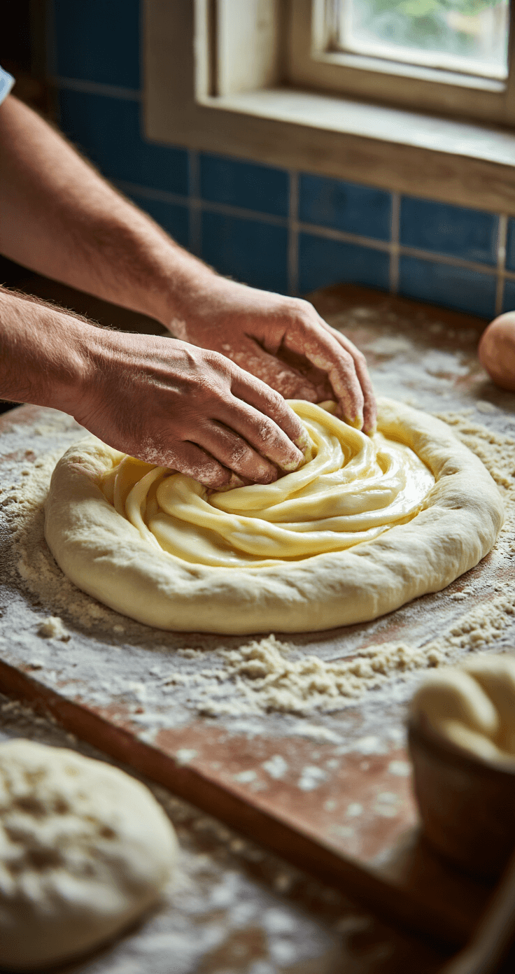 Close-up of hands mixing glossy fathead dough with melted mozzarella and cream cheese on a rustic wooden surface, illuminated by soft natural light. Almond flour is being incorporated in a Dutch-style kitchen with traditional blue tiles in the background.