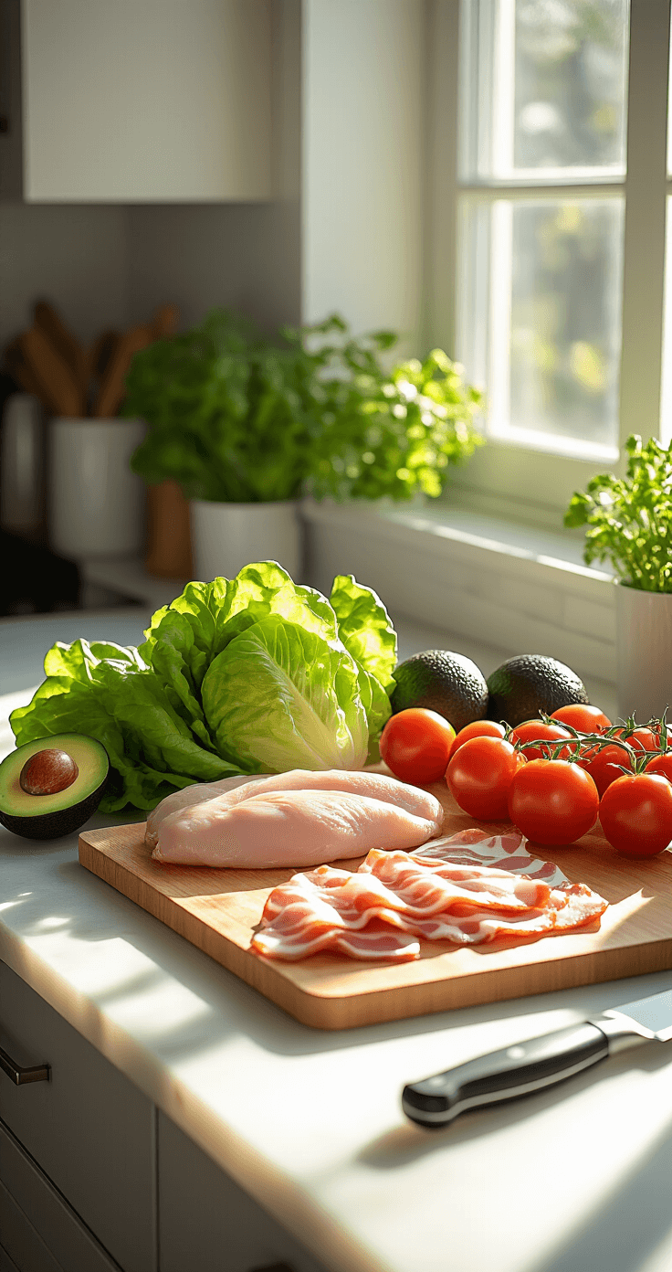 Moderne keuken met zonlicht, verse ingrediënten zoals krokante sla, doorzichtige kalkoen, rauwe spek, rijpe avocado en tomaten. Professioneel snijplank en scherp mes zijn zichtbaar, met ochtendlicht dat dynamische schaduwen creëert.