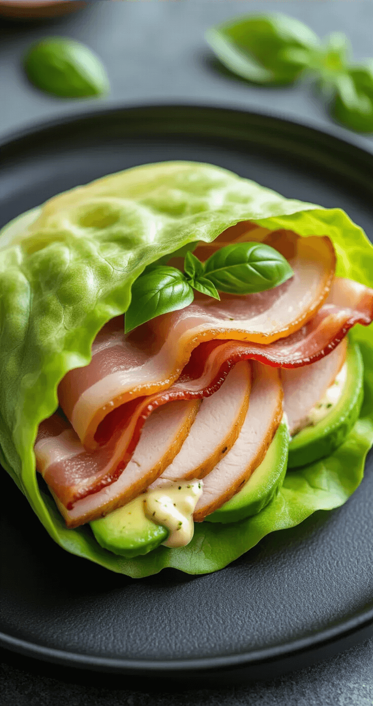 Dichtbijopname van een perfect samengestelde sla wrap op een matte zwarte keramieken bord, met lagen groene sla die krokante spek, gevouwen kalkoenslices en romige avocado vasthouden, besprenkeld met kruidige mayonaise en garnering van verse basilicumbladeren, verlicht door zacht natuurlijk licht dat de texturen benadrukt.