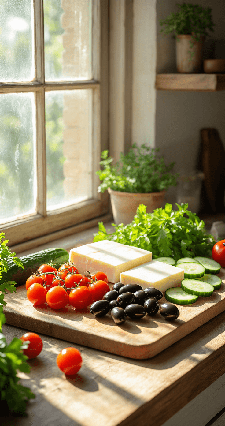 Zonnige mediterrane keuken met verse ingrediënten op een verouderde houten snijplank: kleurrijke cherrytomaten, glanzende zwarte Kalamata-olijven, knapperige komkommerschijven en een witte halloumi kaas, met natuurlijk zonlicht dat door een raam naar binnen stroomt en dramatische schaduwen vormt.