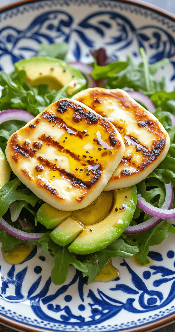 Dichtbijopname van geurige, goudbruin gegrilde halloumi met mooie grillmarks op een bed van gemengde sla, met stoom die zachtjes opstijgt terwijl glanzende olijfolie over verse avocadoschijven en rode uienringen druipt, gepresenteerd op een ambachtelijk keramisch bord met diepe blauwe Mediterrane patronen.