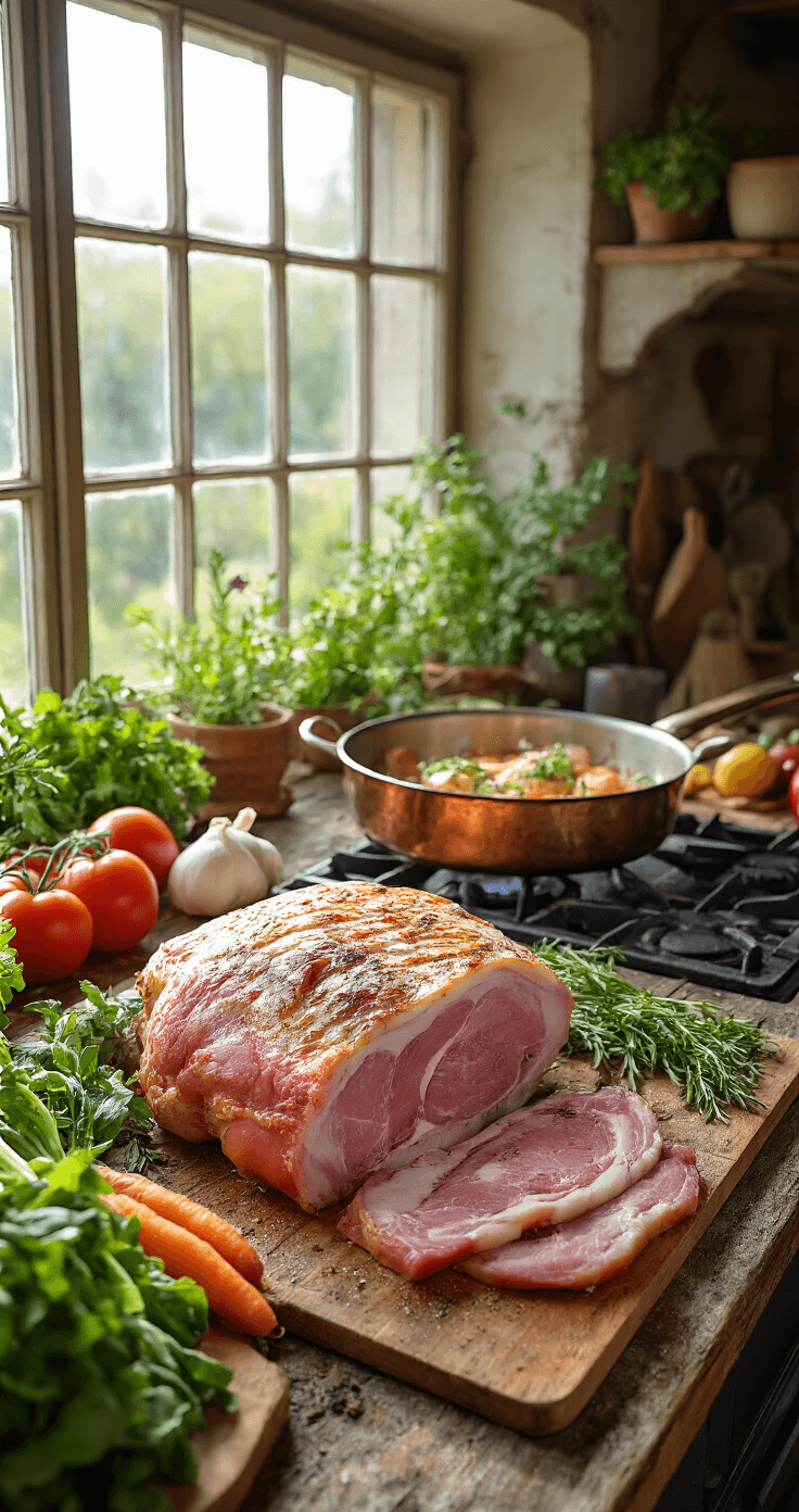 Een rustieke Italiaanse keuken met natuurlijk licht, waar een kalfsfricandeau op een snijplank ligt, omringd door verse groenten en een koperen braadpan op het fornuis.