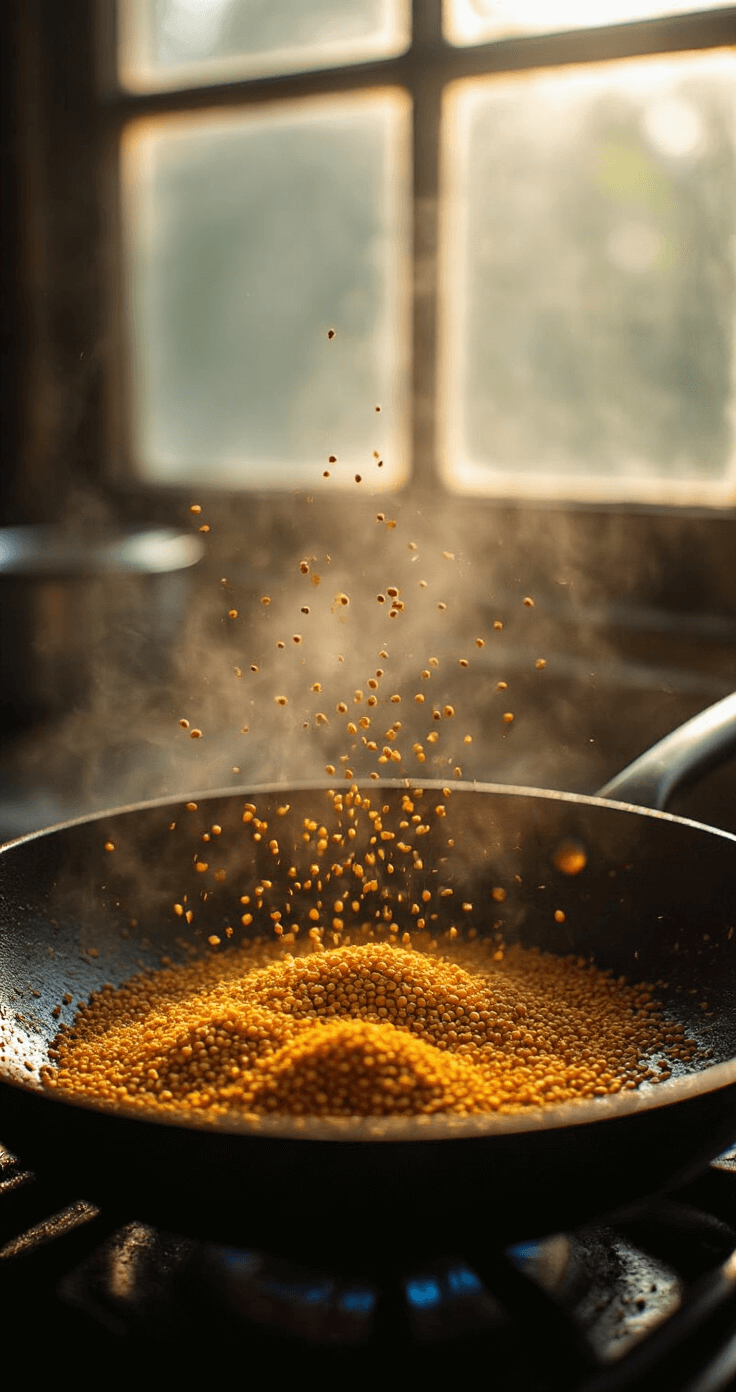 Cinematische close-up van gouden mosterd- en komijnzaadjes die danst in glinsterende hete olie in een donkere ijzeren pan, met zacht ochtendlicht dat door het keukenraam stroomt, aromatische stoom die opstijgt en een mistige etherische sfeer creëert met zichtbare specerijdeeltjes die het licht opvangen.