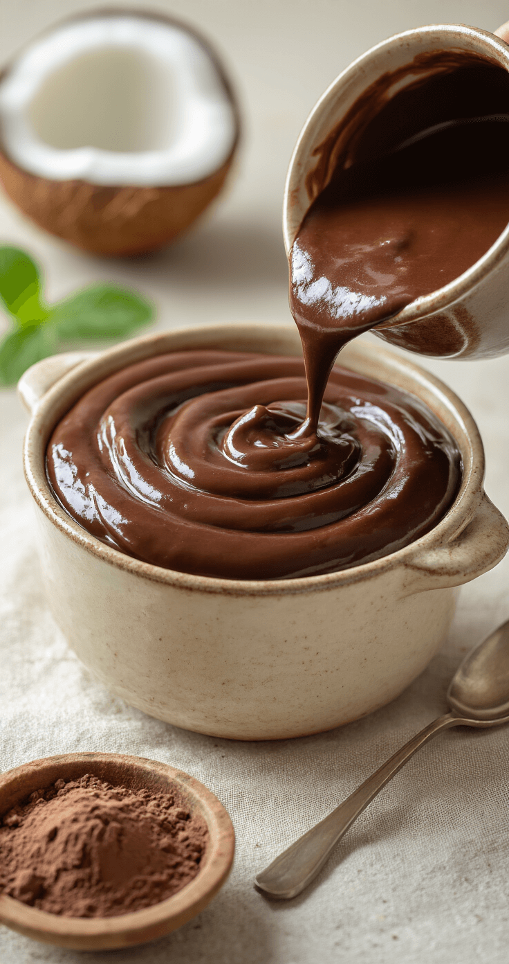 Close-up van een glanzende, donkerbruine chocoladepudding die in een aardewerken kom wordt gegoten, met een romige textuur. Op de achtergrond zijn een opengesplitst vanillestokje, cacaopoeder in een vintage zeef en glimmende stukjes pure chocolade te zien.