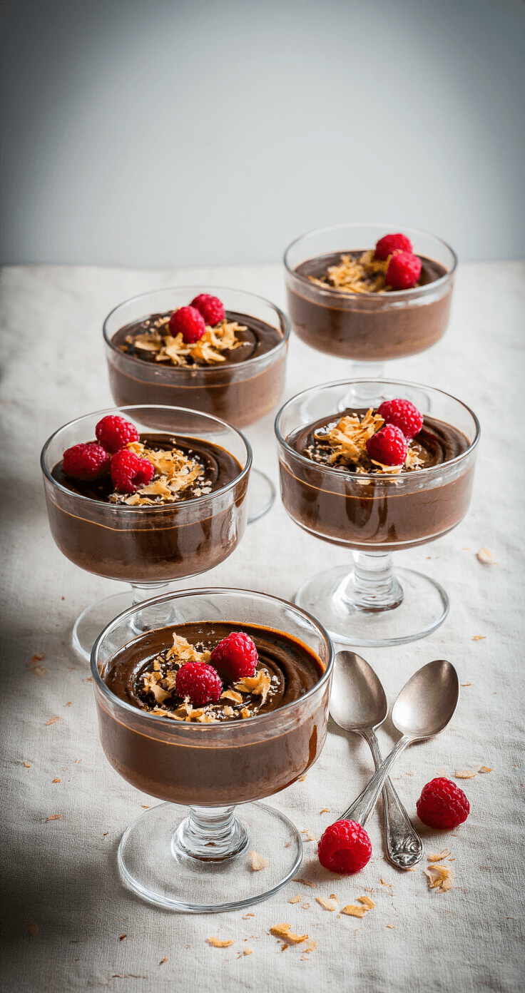 Een stijlvolle afbeelding van vier glazen ramekins gevuld met chocolade-kokospudding, getopt met cacaopoeder, geroosterde kokosvlokken en frambozen, gefotografeerd in natuurlijk daglicht.