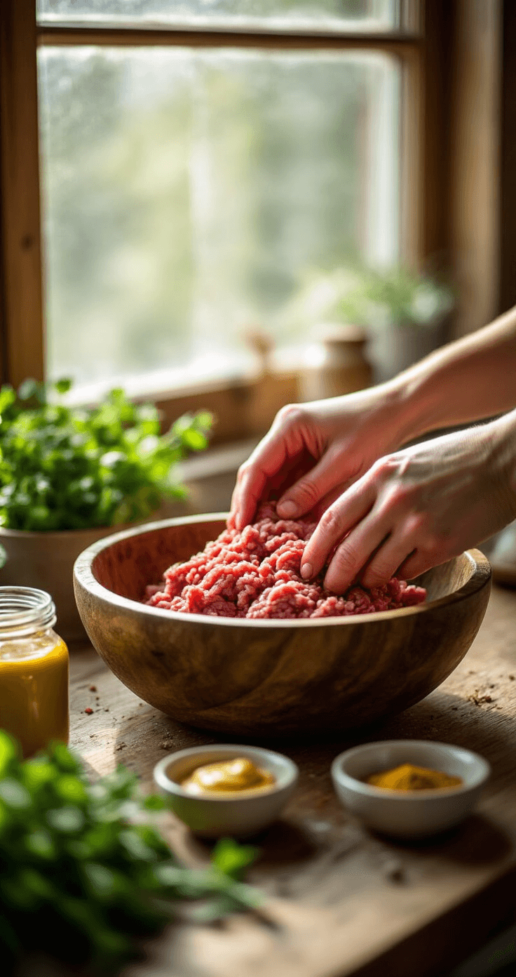 Close-up van handen die gemalen rundvlees mengen in een rustieke houten kom, met zacht natuurlijk licht dat door het keukenraam stroomt. Ingrediënten zijn artistiek verspreid in de buurt - verse kruiden, een mosterdpot en specerijen in kleine keramische schaaltjes, wat een warme, huiselijke sfeer creëert met subtiele scherptediepte.