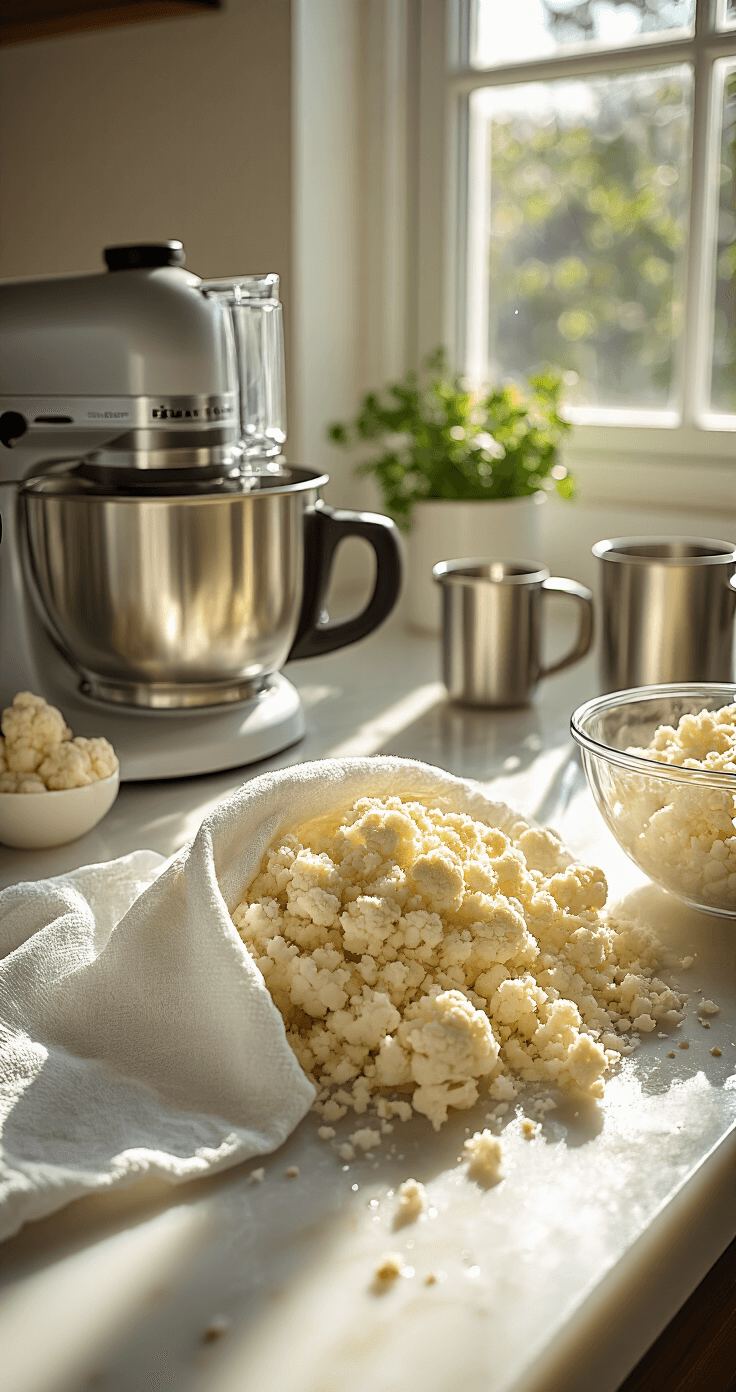 Cinematisch bovenaanzicht van een zonnige moderne keuken, met vers geraspte bloemkool die door een schone witte keukenhanddoek wordt geperst, terwijl waterdruppels zichtbaar zijn. Een stijlvolle foodprocessor, stainless steel kom en maatbekers zijn artistiek gerangschikt. Natuurlijk ochtendlicht stroomt door een raam en creëert zachte schaduwen.