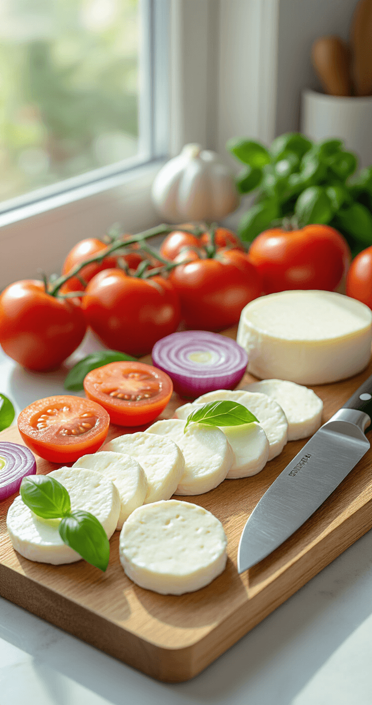 Close-up van een moderne keuken met verse ingrediënten zoals tomaten, mozzarella, paarse ui en basilicum op een houten snijplank, met een professioneel koksmes ernaast. Natuurlijk licht valt door het raam.