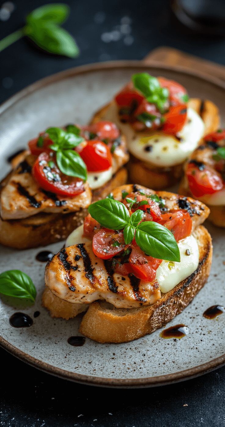 Perfect gegrilde kipfilet met bruschetta topping, gesmolten mozzarella, verse basilicum en balsamicodruppels, geserveerd op een rustiek keramisch bord tegen een donkere achtergrond.