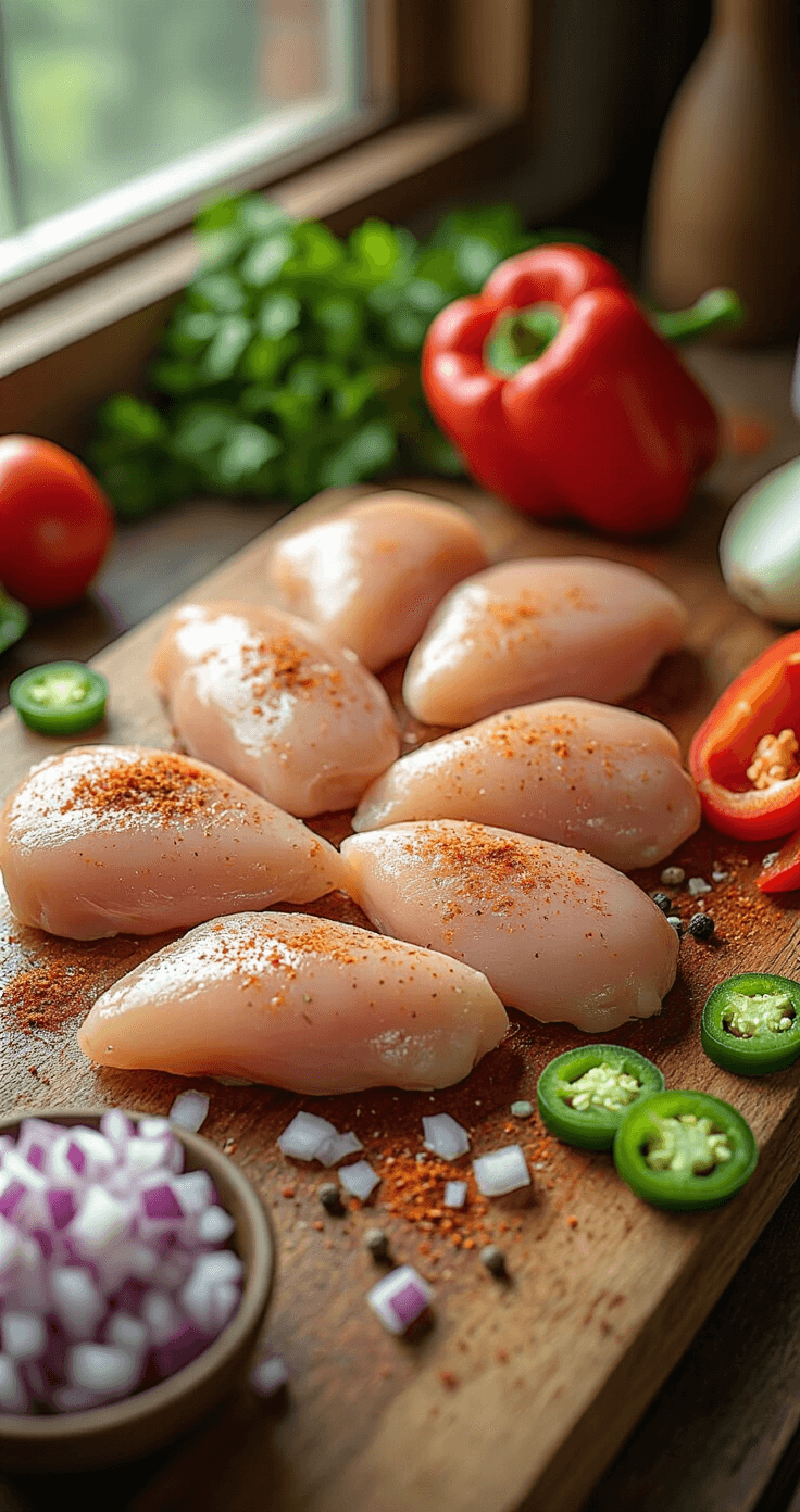 Mexicaanse Kipfilet met Bloemkoolrijst: Een Smaakvolle Low-Carb Maaltijd Close-up van rauwe kipfilets die worden gekruid met levendige Mexicaanse specerijen op een rustiek houten snijplank, omringd door verse ingrediënten zoals helderrode paprika's, gesneden uien en jalapeños. Natuurlijk licht van het raam creëert zachte schaduwen die de texturen van de ingrediënten benadrukken.