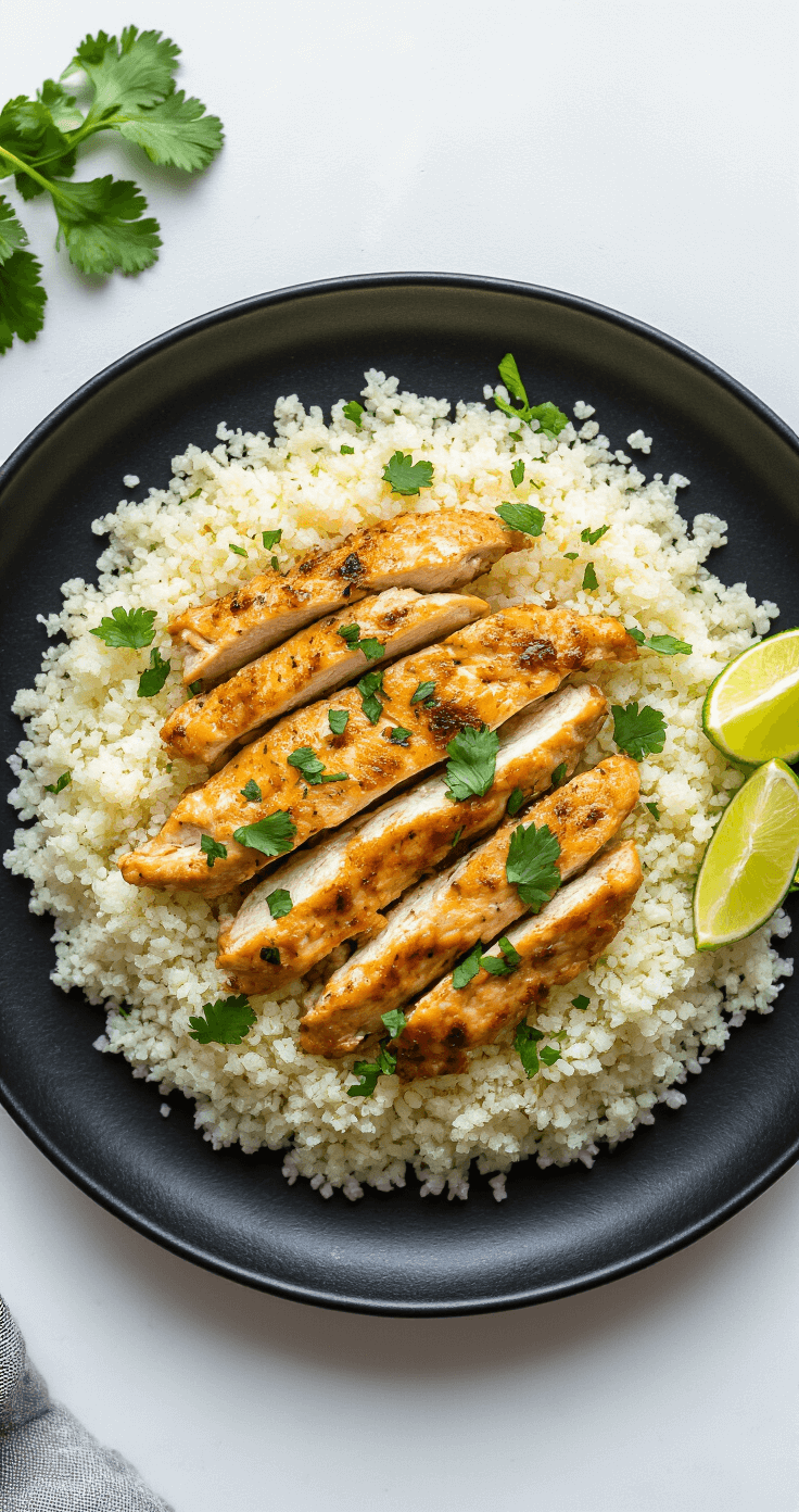 Mexicaanse Kipfilet met Bloemkoolrijst: Een Smaakvolle Low-Carb Maaltijd Overhead compositie van een gerecht op een matte zwarte keramische plaat, met goudbruin Mexicaans kipfilet bovenop een bed van bloemkoolrijst, garnished met verse koriander en limoenpartjes. Stoom komt zachtjes omhoog in het gerecht.