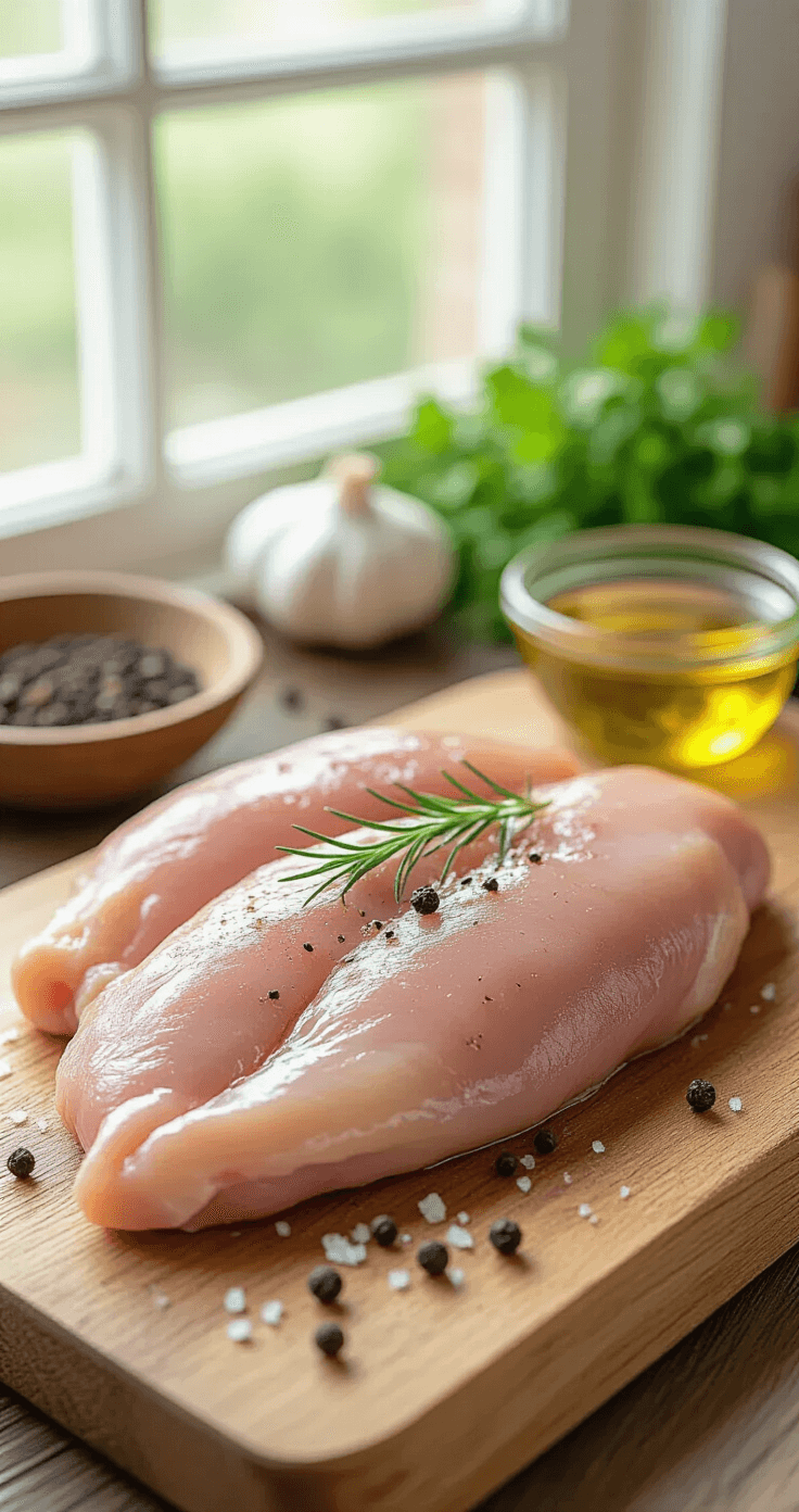 Close-up van rauwe kipfilet op een houten snijplank, bestrooid met zwarte peper en zeezout, verlicht door natuurlijk licht. Op de achtergrond zijn verse kruiden en een kommetje olijfolie zichtbaar.