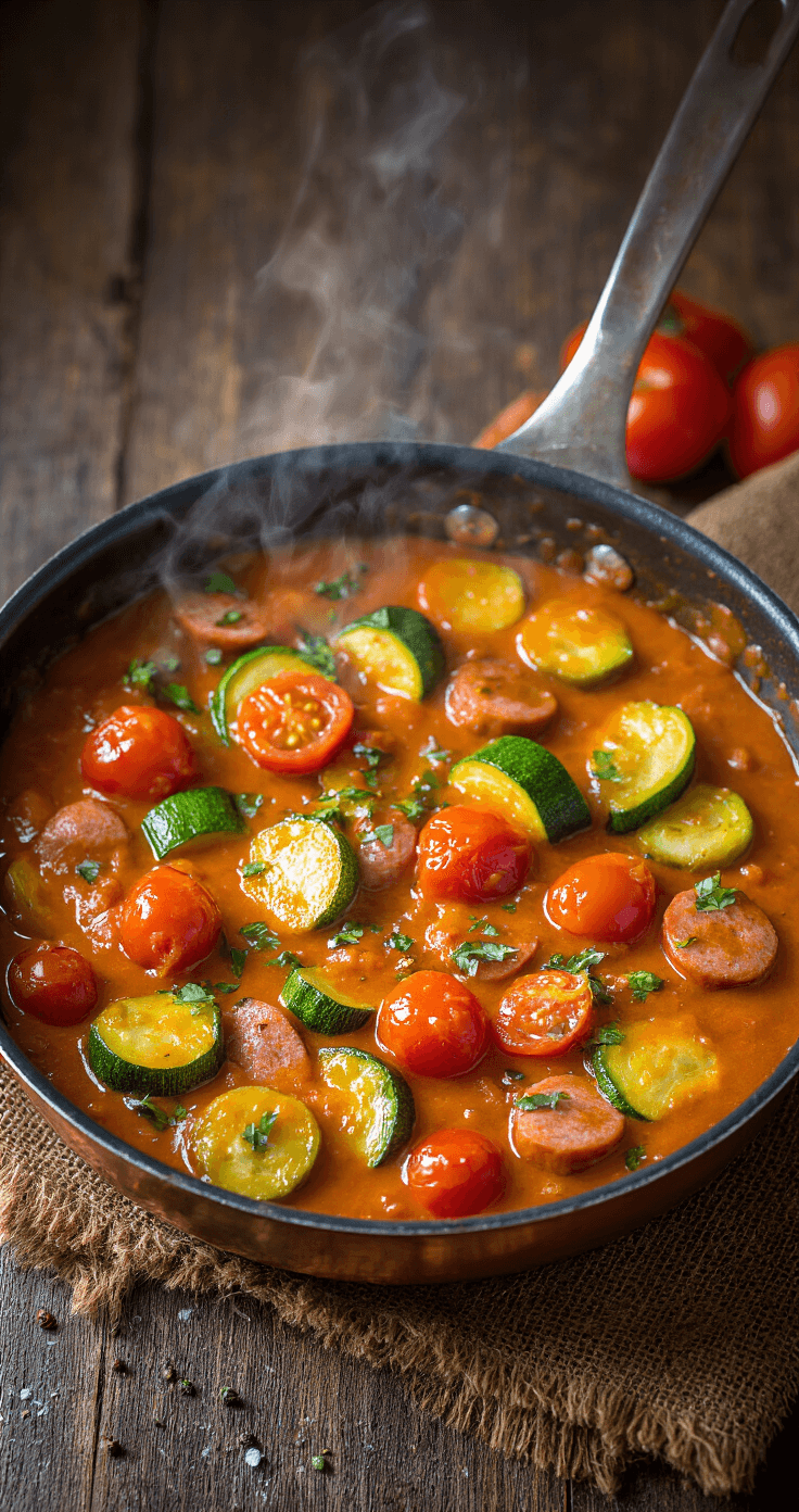 Koperen pan met pruttelende tomatensaus, courgetteblokjes en rode ui, omgeven door warm avondlicht en stoom.