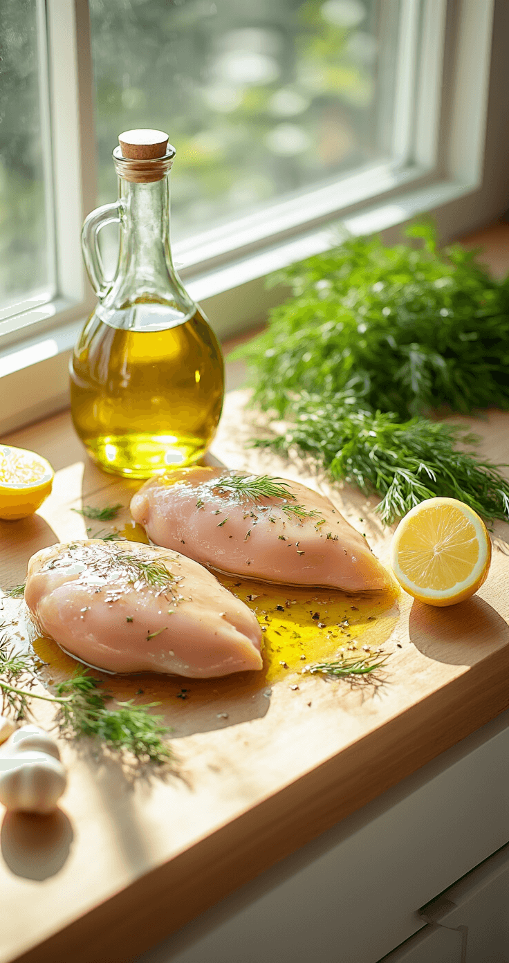 Zonnige keuken met twee verse kipfilets gemarineerd in olijfolie, omringd door aromatische kruiden en teentjes knoflook, met verse dille en citroenpartjes op de counter.