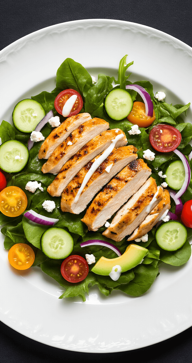 Een kunstzinnig gerangschikte zomersalade op een pristine wit keramisch bord, met in plakjes gesneden goudbruin kipfilet bovenop een bed van levendige veldsla. Doperwten, cherrytomaten en paarse uienringen creëren een kleurrijke mozaïek, met romige witte fetakaas en gesneden avocado. Een straal van yoghurtdressing die over de ingrediënten stroomt, vastgelegd in dramatisch bovenlicht met zachte schaduwen.