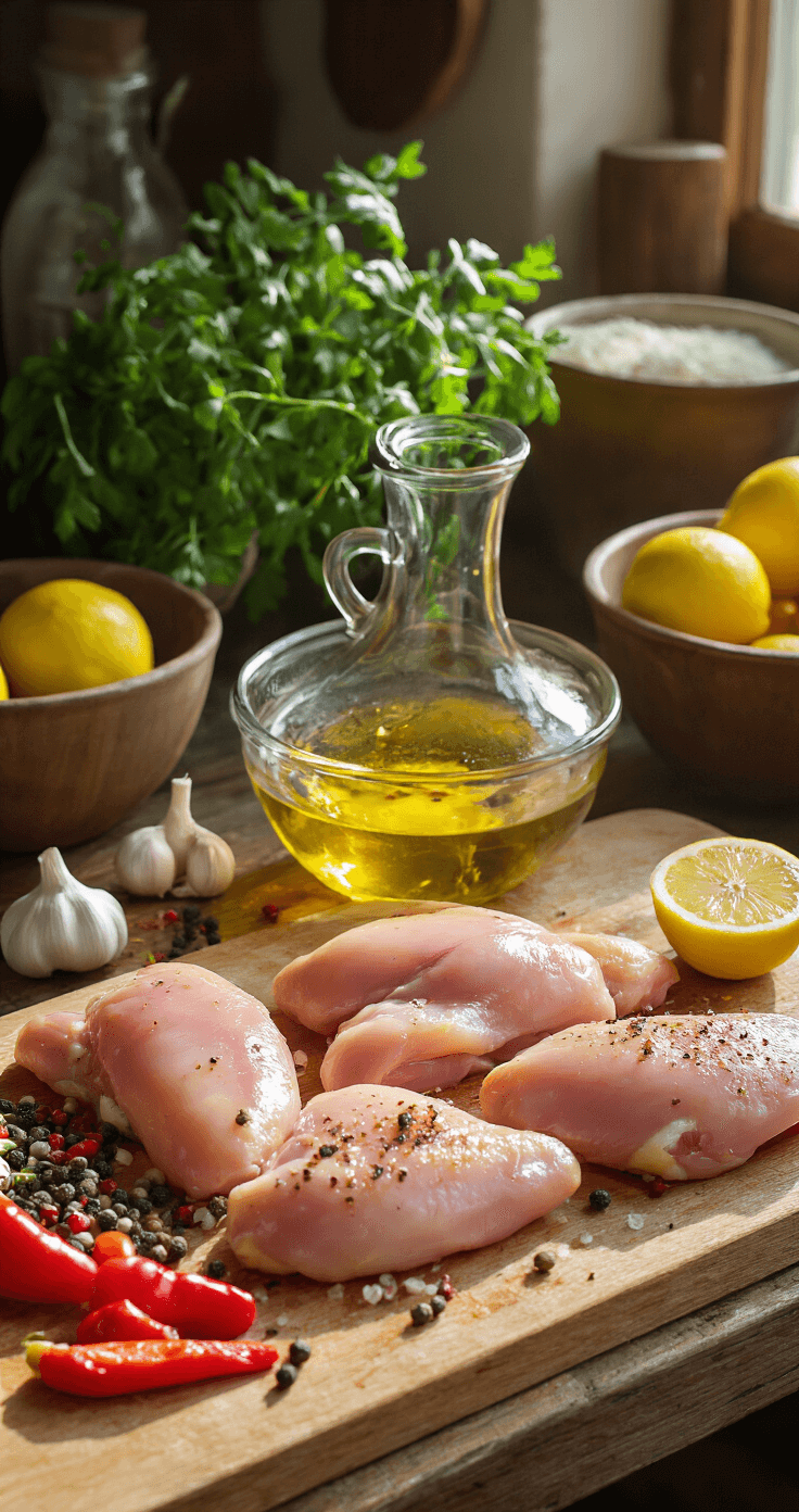 Rustieke keuken met zonlicht, houten snijplank met verse kipfilets, glazen kom met olijfolie, limoen en pepervlokken, verspreide knoflookteentjes en verse kruiden.
