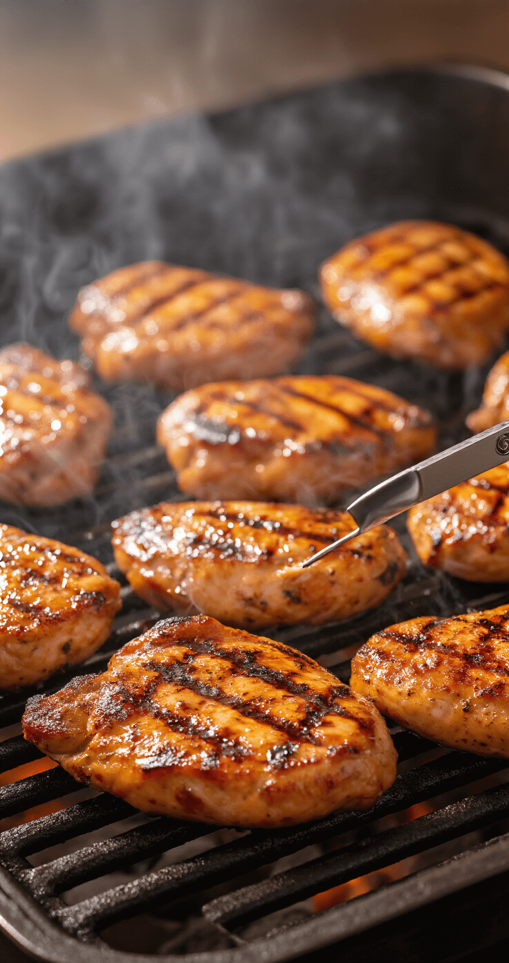Een close-up van sappige kipfilets op een gietijzeren grillpan, met grillstrepen en stoomwolken. Een roestvrij stalen vleesthermometer is in één filet gestoken, omringd door rook en amberkleurig licht.
