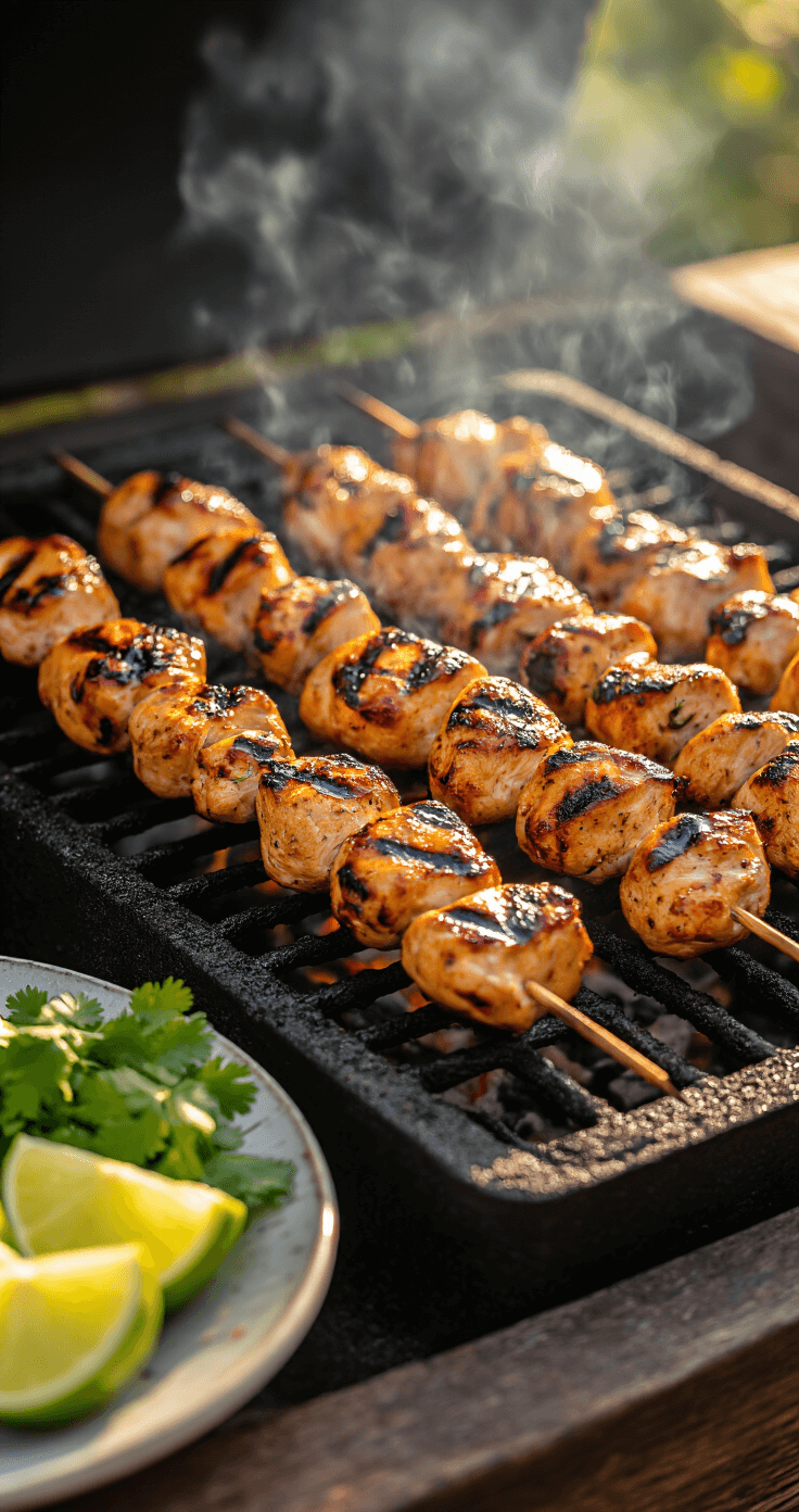Dramatische opname van sissende kipsaté op een rokende BBQ-grill met zichtbare grillstrepen, omringd door limoenpartjes en verse koriander op een serveerschaal.