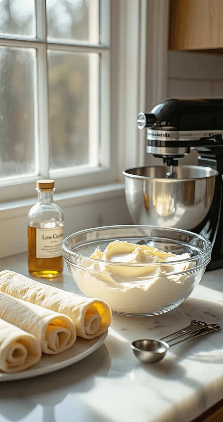 Zacht natuurlijk licht valt door het keukenraam op een marmeren aanrecht met nieuwe roomkaas in een kristallen mengkom, omringd door koolhydraatarme wraps, een fles vanille-extract en maatlepels. Een professionele standmixer staat ernaast, waardoor een ambachtelijke baksfeer ontstaat met warme, uitnodigende tinten.