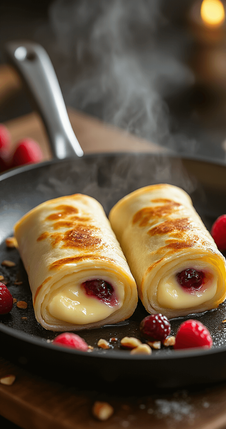 Nauwkeurige close-up van twee perfect gerolde cheesecake wraps die sizzelen in een anti-aanbakpan, met een gouden bruine kleur, terwijl stoom zachtjes omhoog stijgt en warme keukverlichting de karameliserende randen en smeltende vulling benadrukt, omlijst door kleurrijke bessen en noten.
