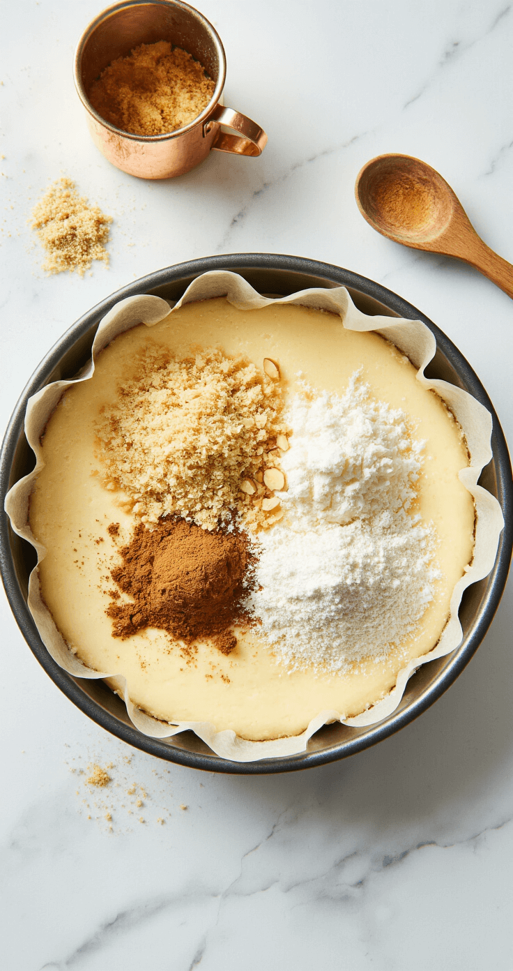 Koolhydraatarme Kruidnoten Cheesecake: Een Feestelijk Laag-Carb Dessert A cozy Dutch kitchen with natural light, showcasing a marble countertop where almond flour, coconut flour, and spices are mixed with melted butter in a copper bowl, while a springform pan lined with parchment paper sits nearby.