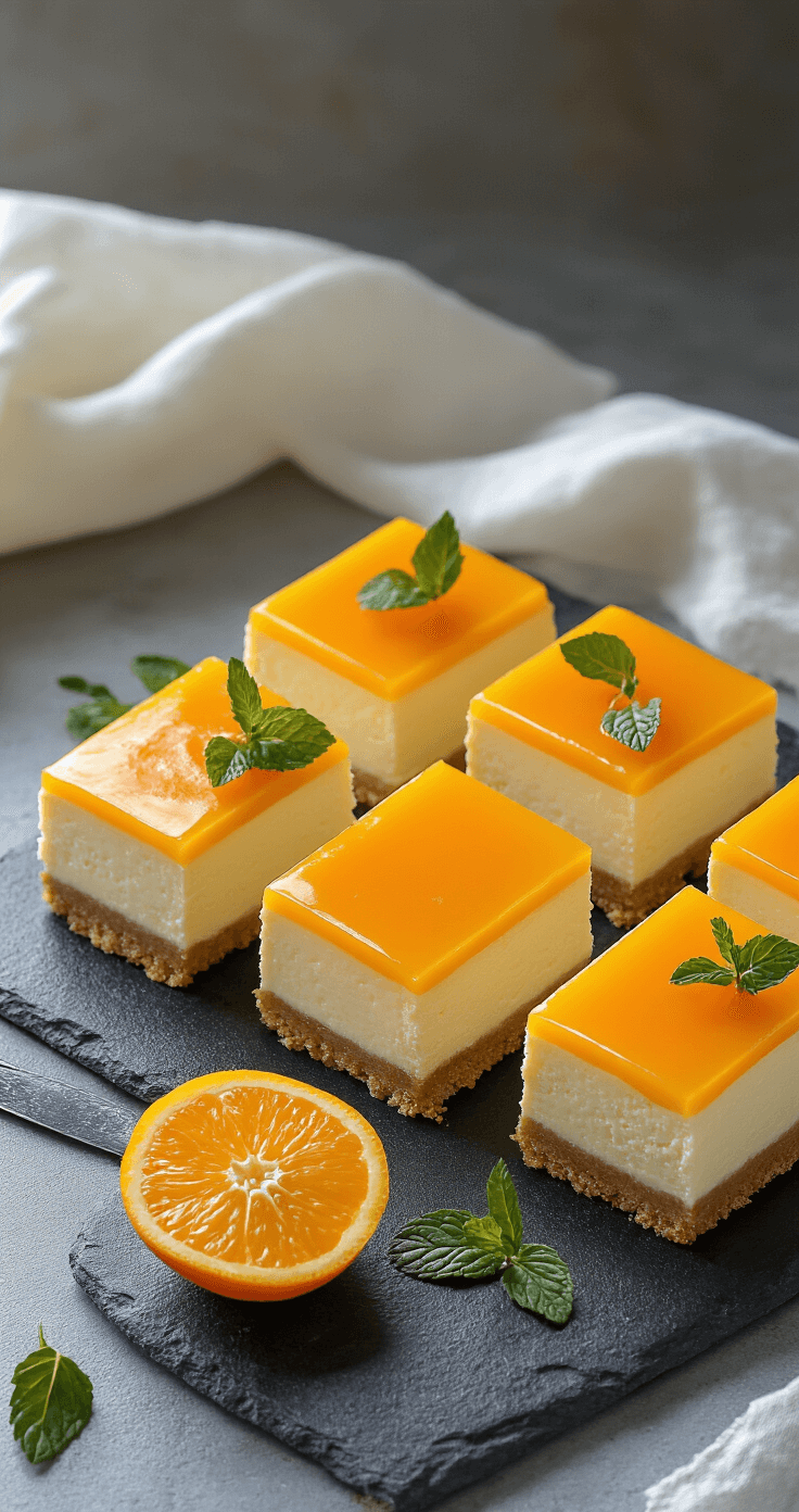 Grote close-up van vierkante oranje cheesecake bites op een matte zwarte leisteen plaat, versierd met sinaasappelschil en munt, met zachte verlichting en een vintage theedoek op de achtergrond.