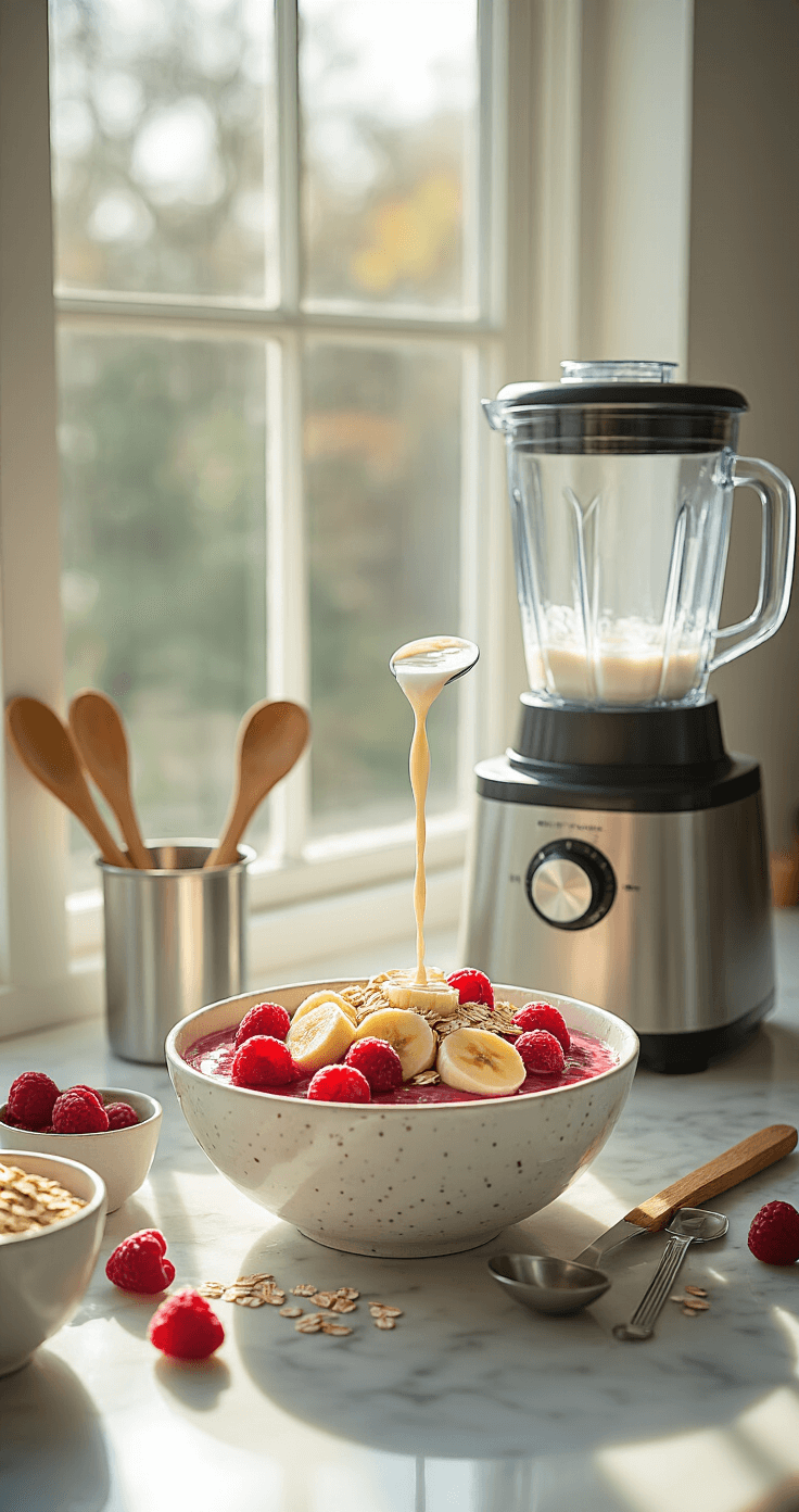 Het voorbereiden van een smoothie bowl op een marmeren aanrecht, verlichte door zacht ochtendlicht. Een professionele blender staat klaar met verse bevroren rode bessen, gesneden bananen en een stroom havermelk, omlijst door metingen en houten lepel. Crystalline vorst is nog zichtbaar op de bessen.
