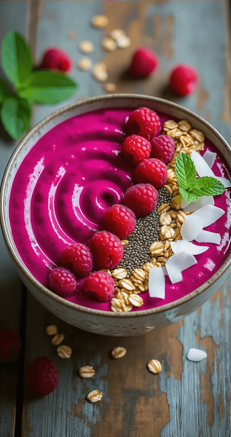 Artisanale keramische kom met een levendig magentakleurige smoothie bowl, mooi gezweerd, op een verweerd houten oppervlak, gegarneerd met frambozen, gouden granola, witte chiazaadjes en kokosvlokken in een kunstzinnige opmaak, verlicht door natuurlijk daglicht.