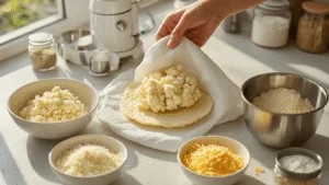 Overhead view of a sunlit modern Dutch kitchen with freshly riced cauliflower being pressed in a white towel, surrounded by bowls of grated cauliflower, beaten eggs, and shredded cheese, with a food processor and measuring cups in a minimalist Scandinavian style.