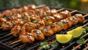 Cinematic close-up of grilled chicken skewers marinated in chili-lime, showcasing golden-brown char marks and glistening surface, surrounded by fresh lime wedges, red chili flakes, and cilantro in a warm outdoor BBQ setting with soft bokeh.