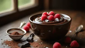 A photorealistic image of glossy dark chocolate coconut pudding in an artisanal ceramic bowl, featuring natural window lighting, garnished with fresh raspberries and toasted coconut flakes, set on a rustic wooden table with scattered dark chocolate pieces and a vintage sieve dusted with cocoa powder, showcasing a dark moody atmosphere.