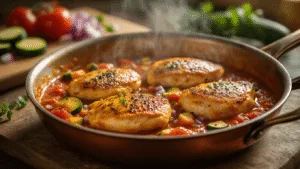 Cinematic close-up of golden-seared chicken fillets in vibrant tomato and zucchini sauce, with steam rising, set in a rustic Dutch kitchen.