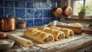 Photorealistic preparation of keto sausage rolls in a traditional Dutch kitchen with almond flour and fathead dough, golden-brown rolls with sesame seeds and steam, surrounded by vintage kitchen tools and deep blue Delft tiles.